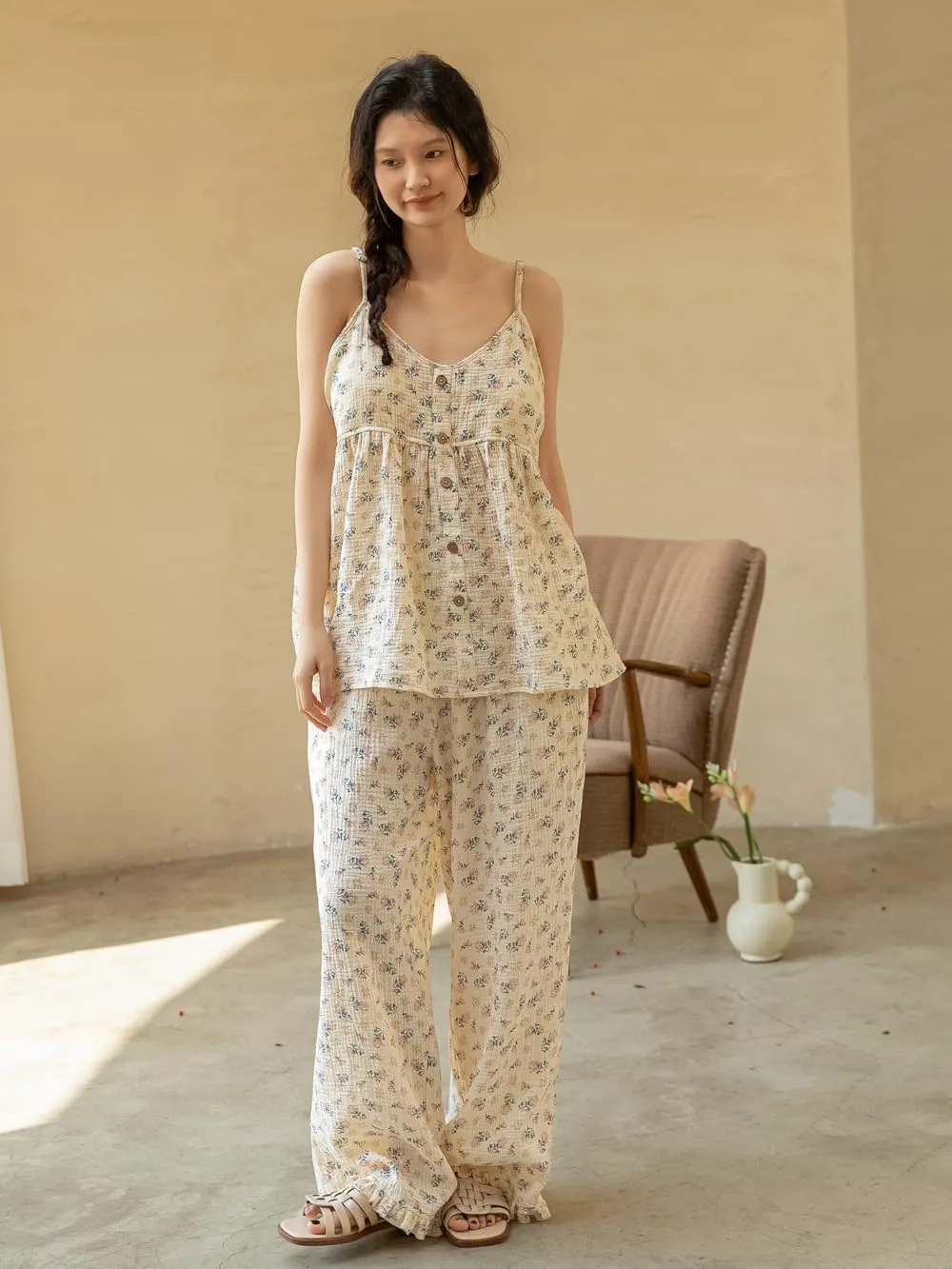 3 Piece Printed Pajama Set, 100 Cotton with Padded Camisole with Long Pants and Long Sleeve Loungewear