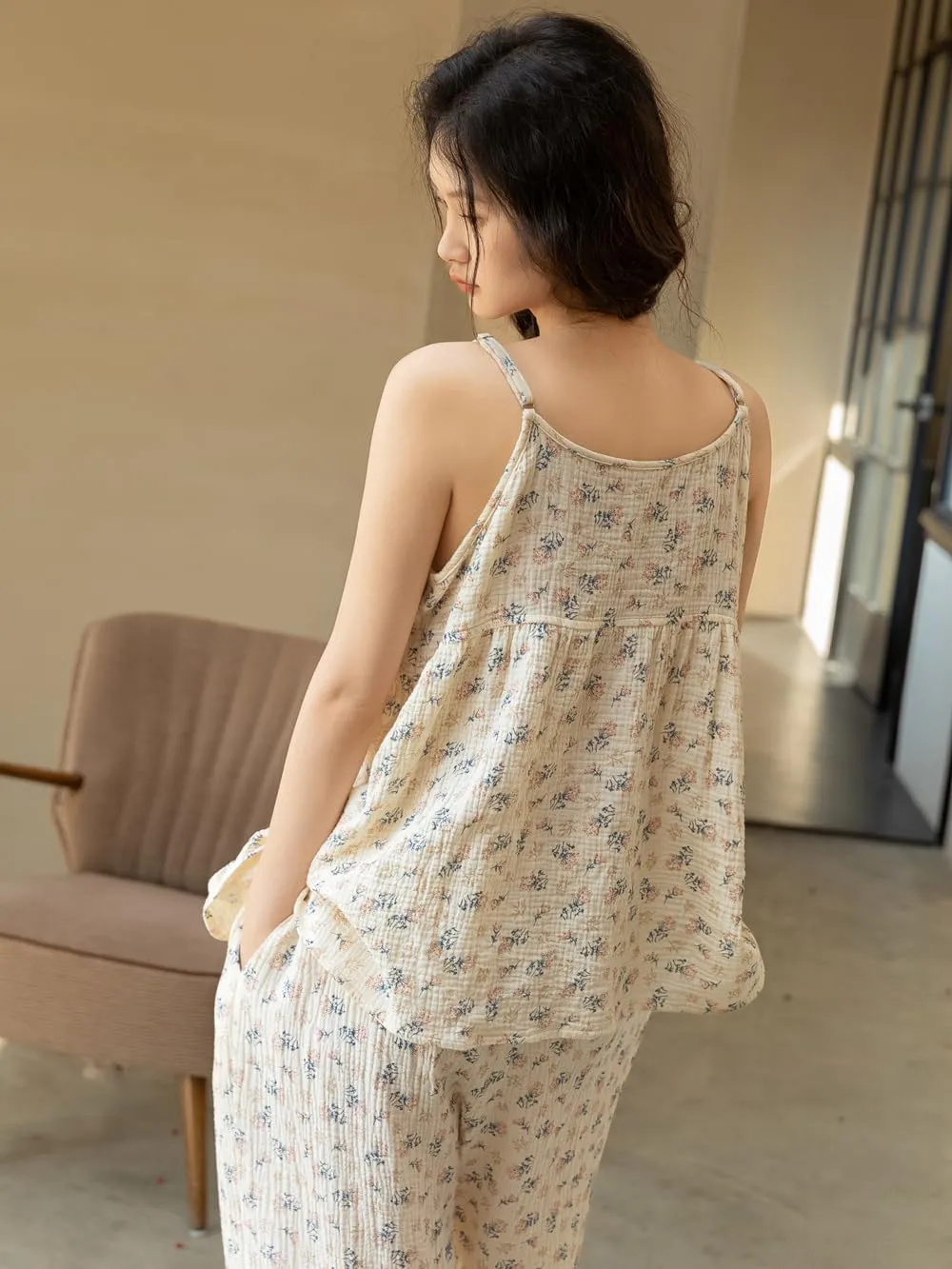 3 Piece Printed Pajama Set, 100 Cotton with Padded Camisole with Long Pants and Long Sleeve Loungewear