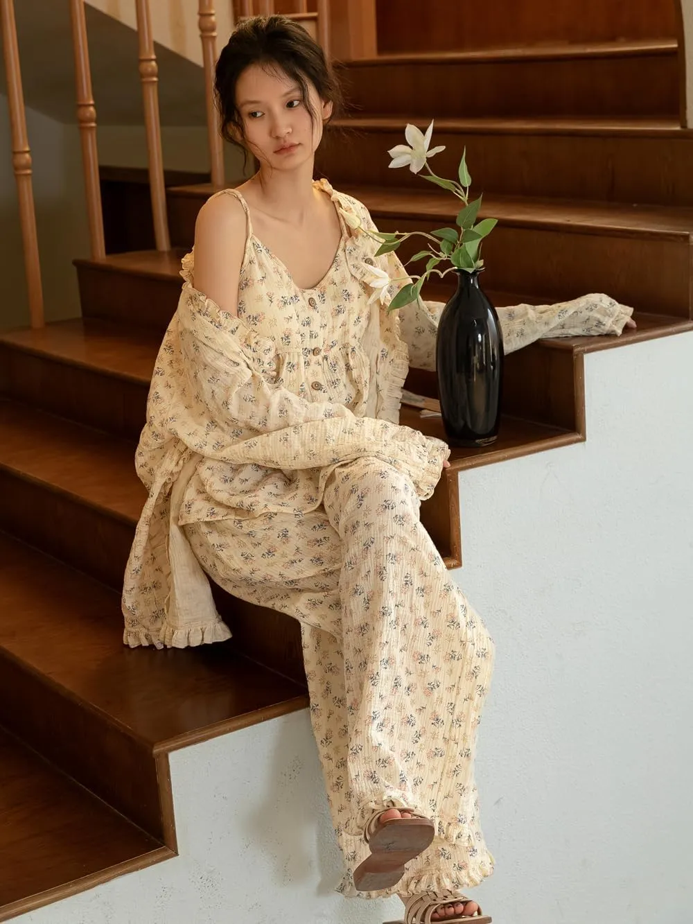 3 Piece Printed Pajama Set, 100 Cotton with Padded Camisole with Long Pants and Long Sleeve Loungewear