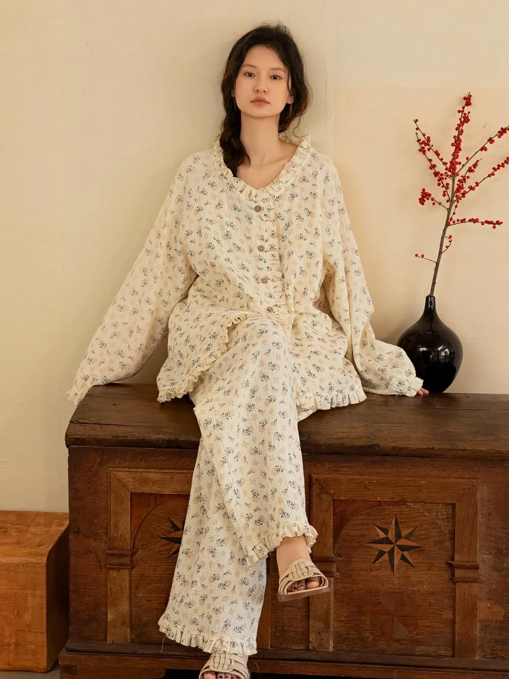 3 Piece Printed Pajama Set, 100 Cotton with Padded Camisole with Long Pants and Long Sleeve Loungewear