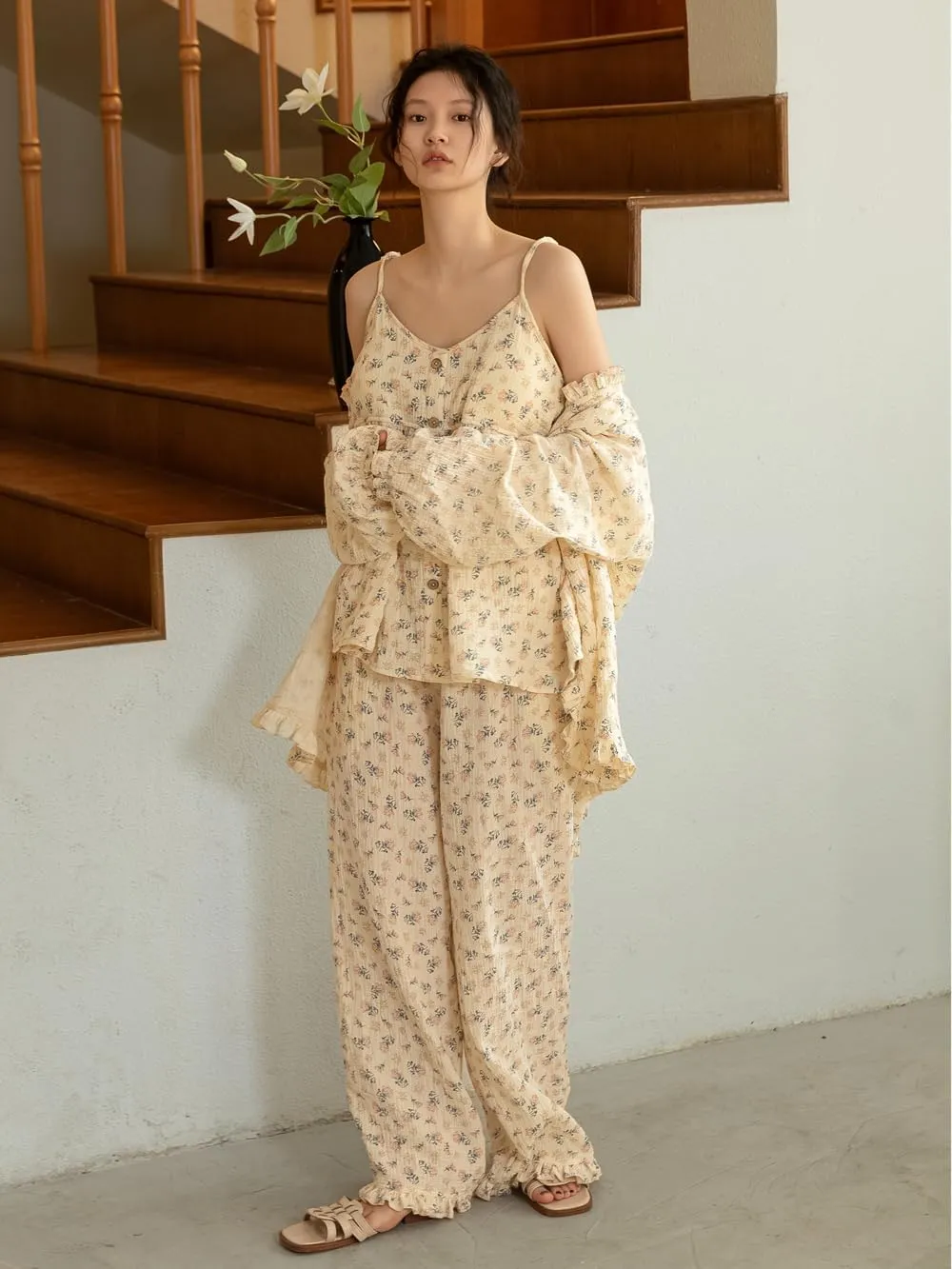 3 Piece Printed Pajama Set, 100 Cotton with Padded Camisole with Long Pants and Long Sleeve Loungewear