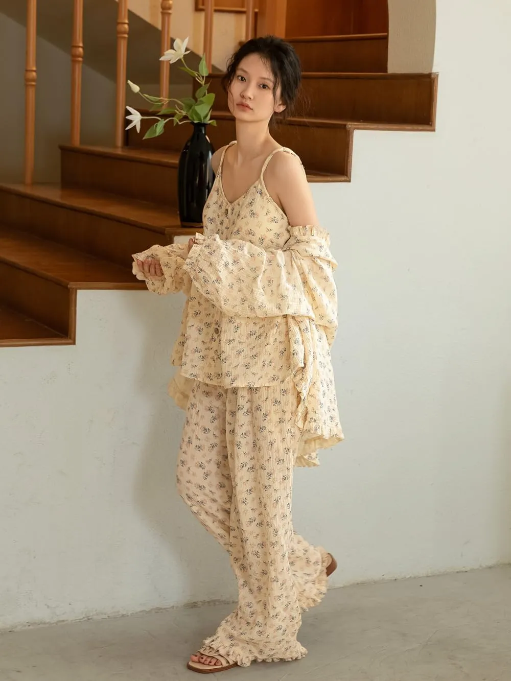 3 Piece Printed Pajama Set, 100 Cotton with Padded Camisole with Long Pants and Long Sleeve Loungewear