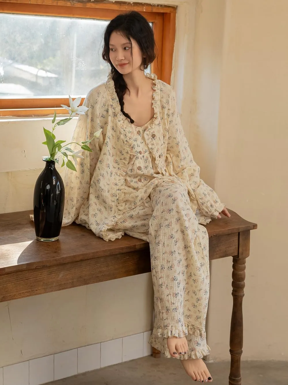 3 Piece Printed Pajama Set, 100 Cotton with Padded Camisole with Long Pants and Long Sleeve Loungewear