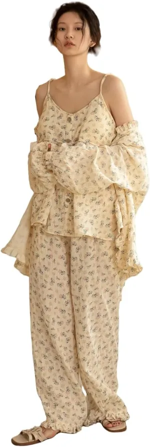 3 Piece Printed Pajama Set, 100 Cotton with Padded Camisole with Long Pants and Long Sleeve Loungewear