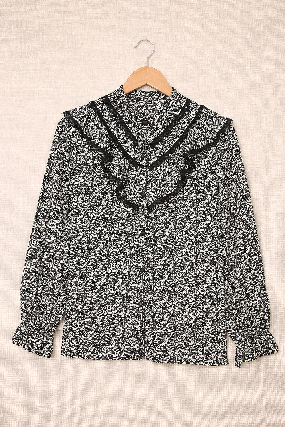 Black Floral Print Ruffles French Shirt