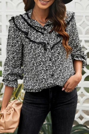 Black Floral Print Ruffles French Shirt