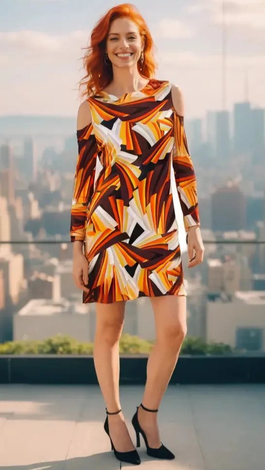 Geometric Print Cold Shoulder Resort Dress