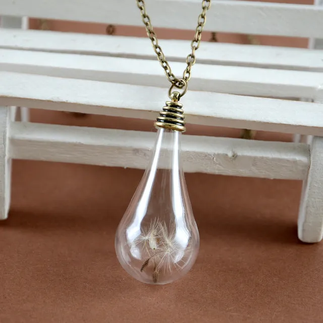 Glass bottle necklace Natural dandelion seed in glass long necklace Make A Wish Glass Bead Orb silver plated Necklace jewelry