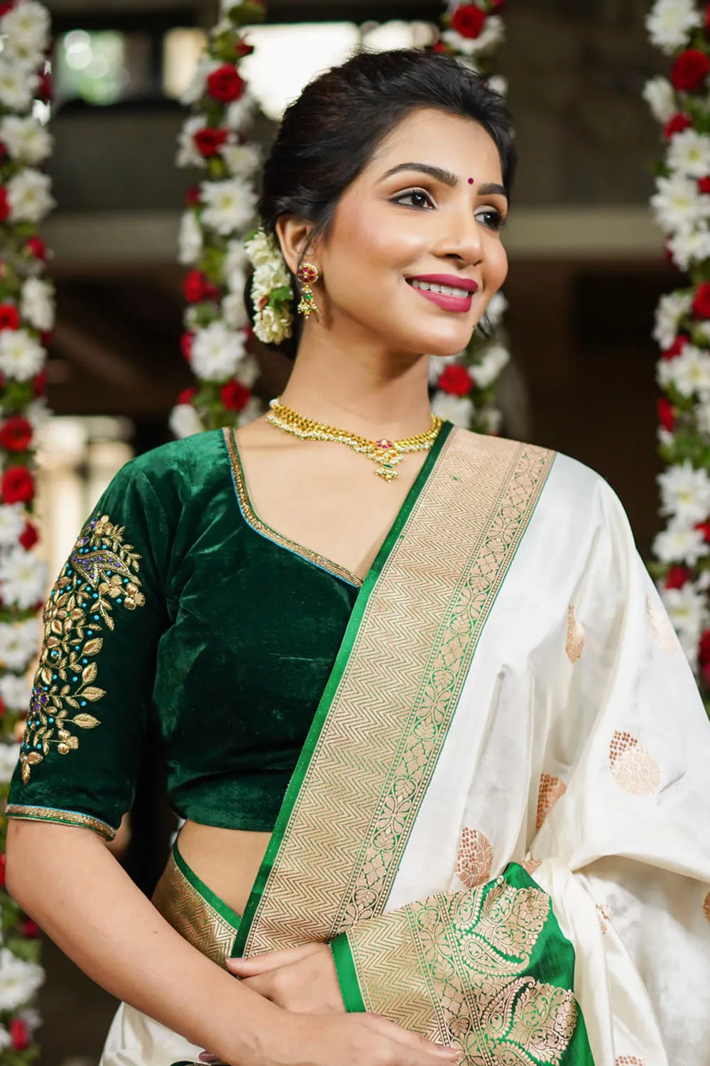 Green velvet sweetheart neck blouse with zardosi work