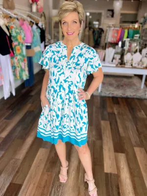 Just Lovely Floral and Stripe Print Dress in Turquoise