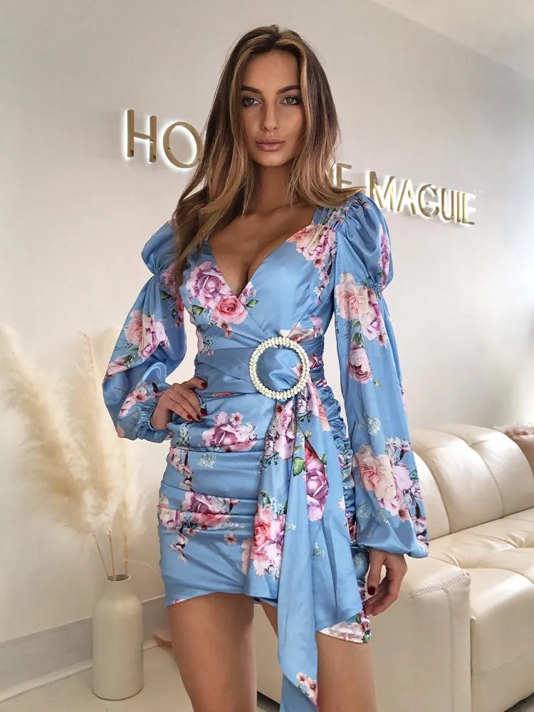 Mari Sky Blue Satin Floral Print Puff Sleeves Wrap Dress