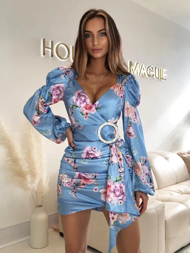 Mari Sky Blue Satin Floral Print Puff Sleeves Wrap Dress