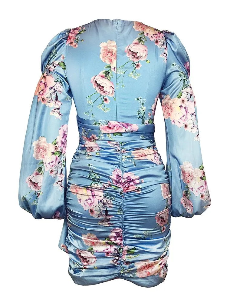 Mari Sky Blue Satin Floral Print Puff Sleeves Wrap Dress