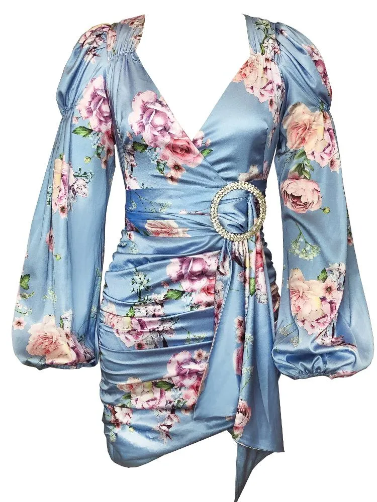 Mari Sky Blue Satin Floral Print Puff Sleeves Wrap Dress