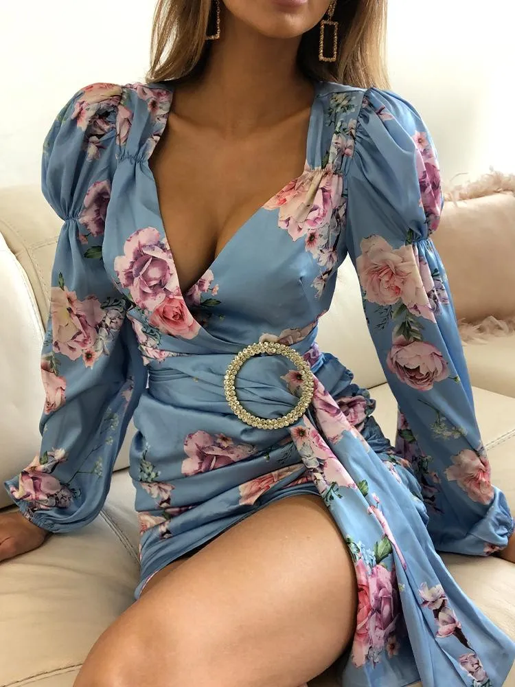 Mari Sky Blue Satin Floral Print Puff Sleeves Wrap Dress