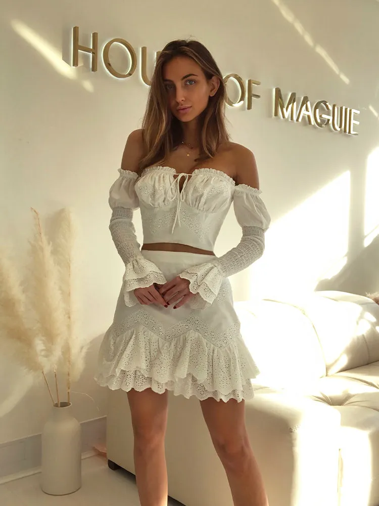 Marilu White Embroidery Anglaise Bohemian Chic  Off the Shoulders Skirt Set