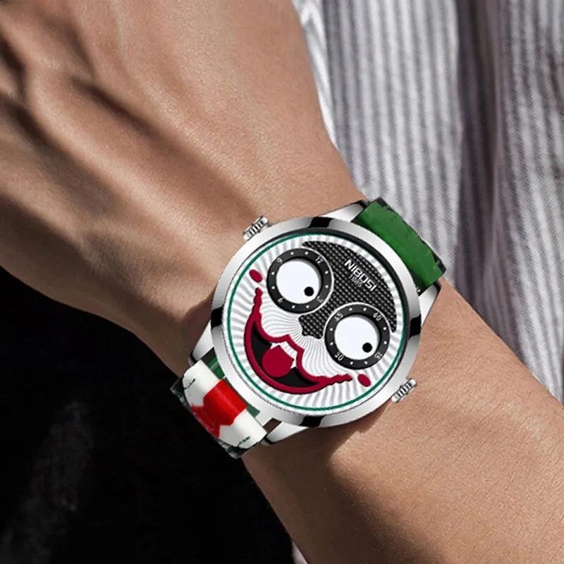 Men Creative Big Dial Joker Design Quartz Leather Wrist Watch