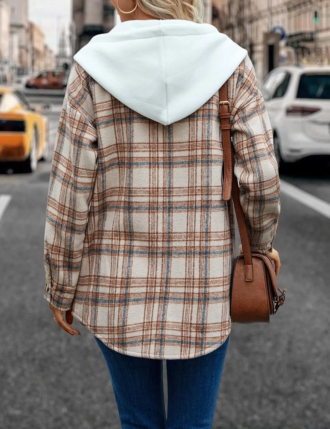 Merryfun Womens Plaid Shacket Jacket Sherpa Lined Flannel Jackets Oversized Button Up Fleece Hooded Warm Coat