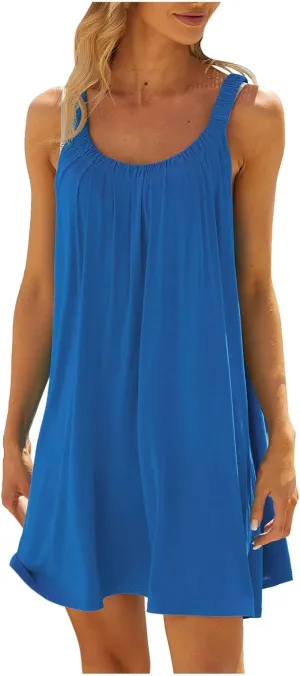 NaRHbrg Summer Dresses for Women 2025 Casual Pleated Tank Sundress Loose Beach Vacation Crew Neck Sleeveless Mini Dress