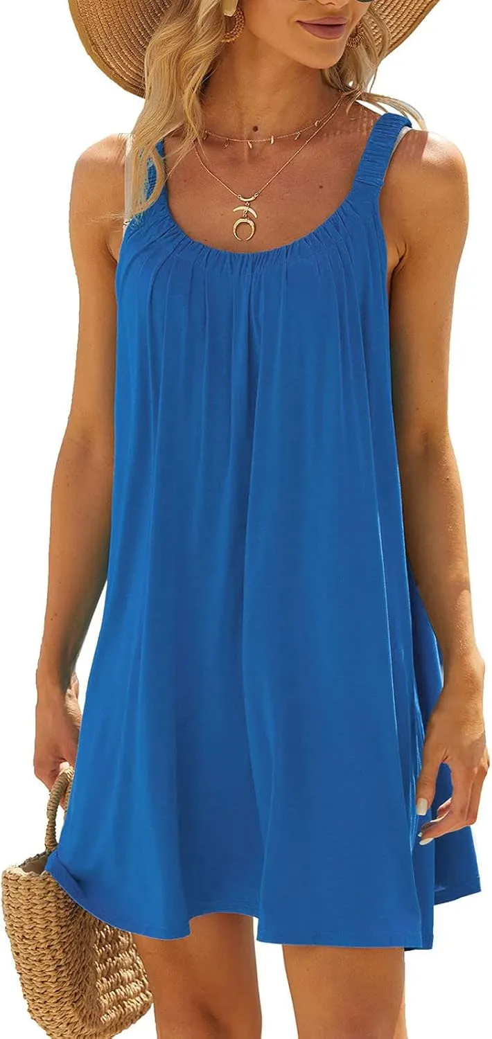 NaRHbrg Summer Dresses for Women 2025 Casual Pleated Tank Sundress Loose Beach Vacation Crew Neck Sleeveless Mini Dress