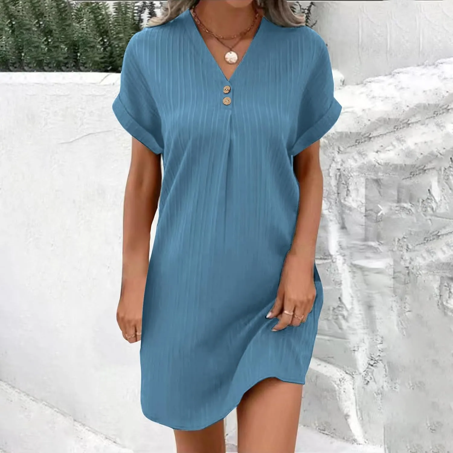 NaRHbrg Women's Casual V Neck Button Dress Short Sleeve Loose Fit Summer Dresses Beach Cover Up Tunic Shirt Dress