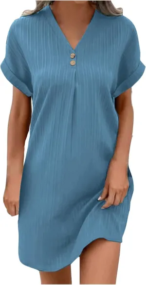 NaRHbrg Women's Casual V Neck Button Dress Short Sleeve Loose Fit Summer Dresses Beach Cover Up Tunic Shirt Dress
