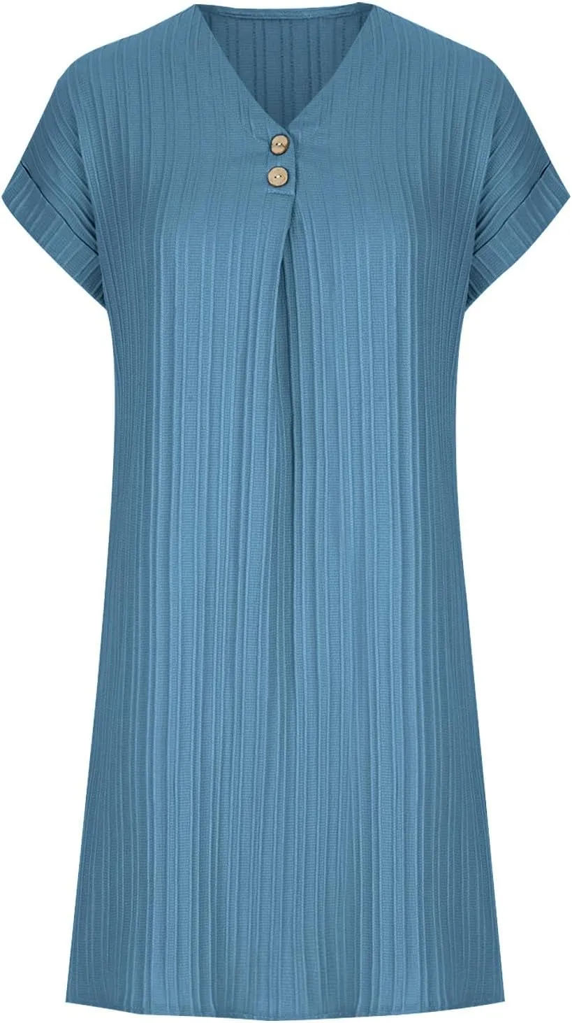 NaRHbrg Women's Casual V Neck Button Dress Short Sleeve Loose Fit Summer Dresses Beach Cover Up Tunic Shirt Dress