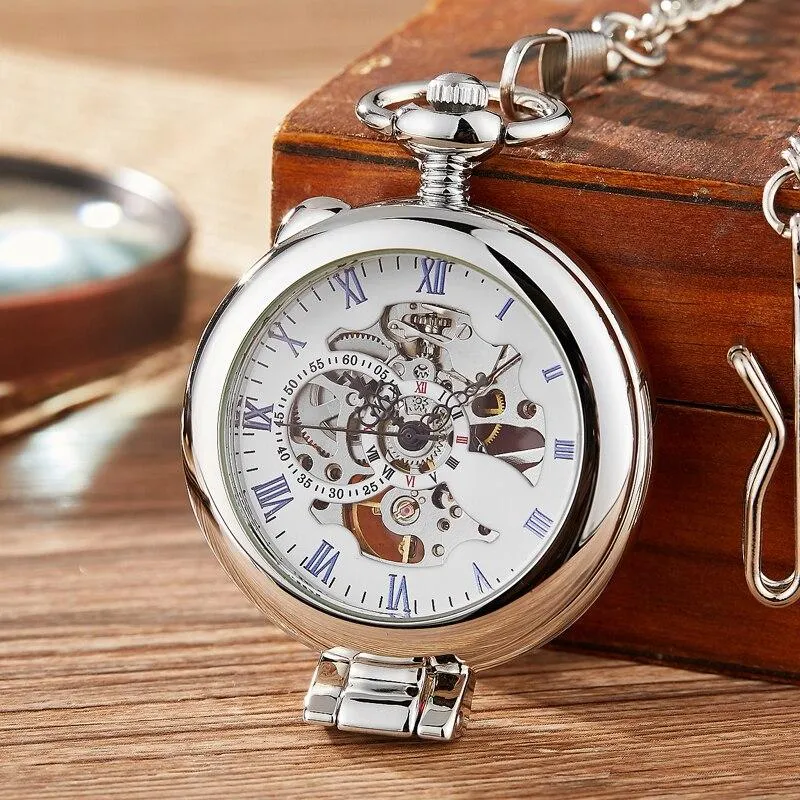 Olaf Orkina Mechanical Skeleton Pocket Watch Silver