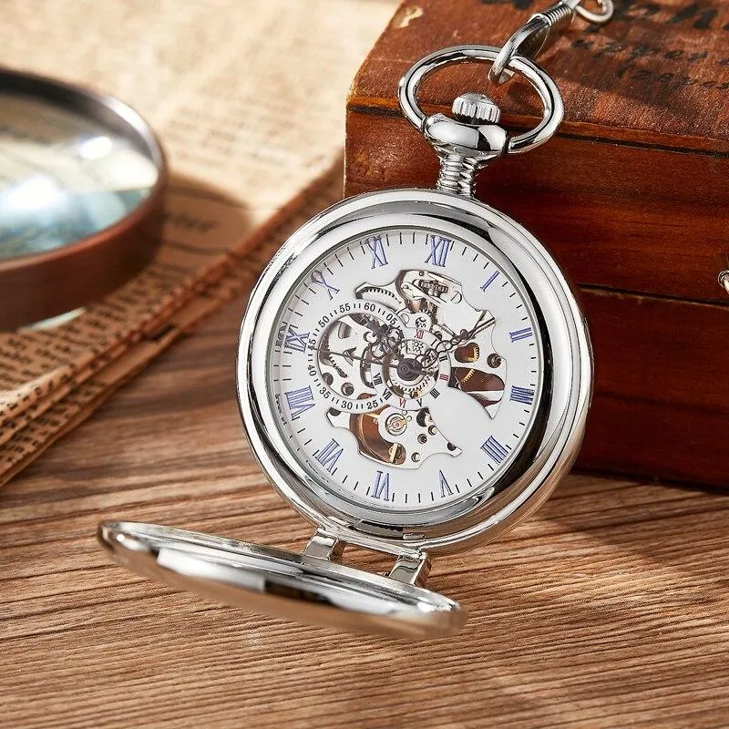 Olaf Orkina Mechanical Skeleton Pocket Watch Silver
