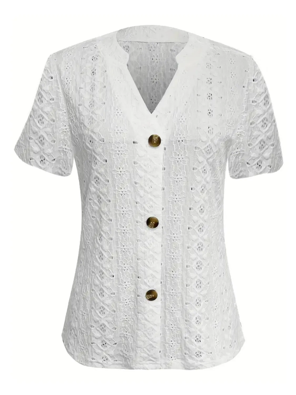 Openwork Notched Short Sleeve Top- White or Black Color Options