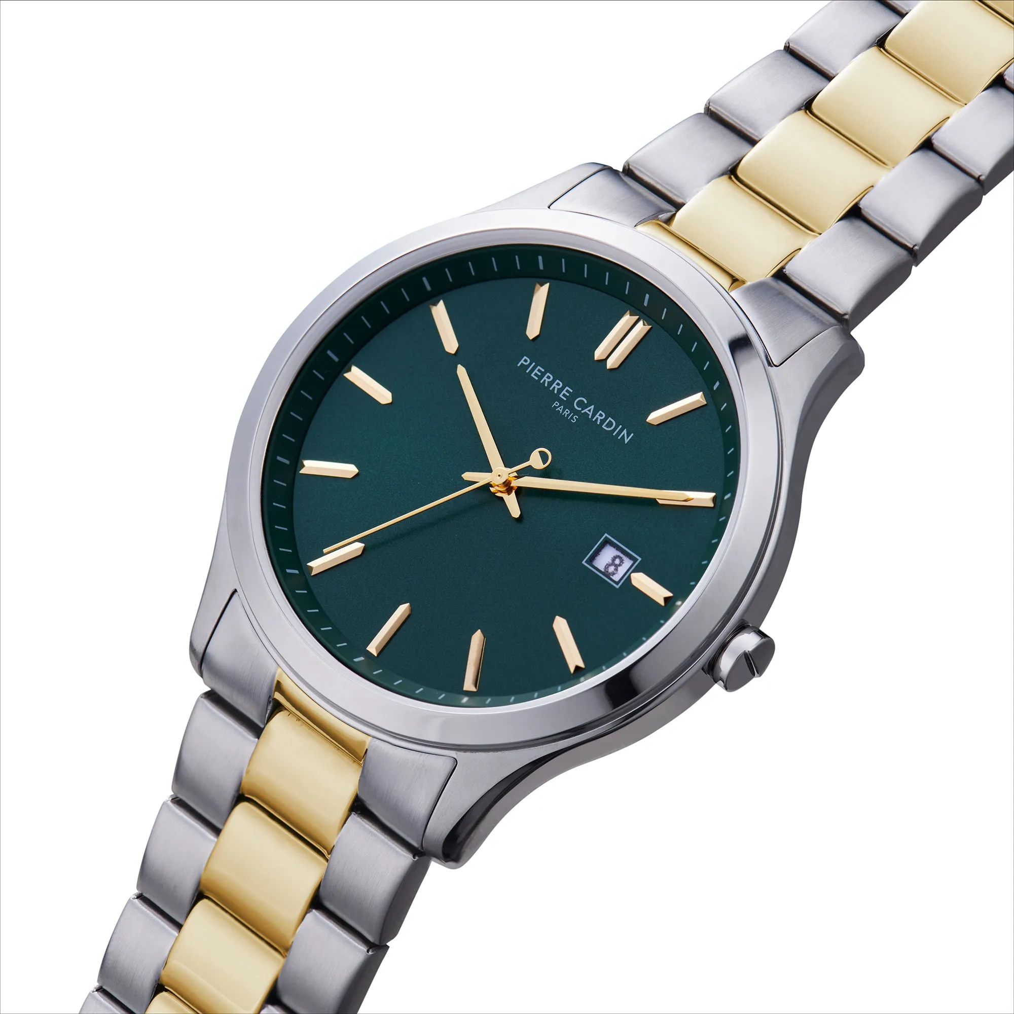 Épinettes Essential Two Tone Gold and Steel Watch with Green Dial and Metal Links Strap