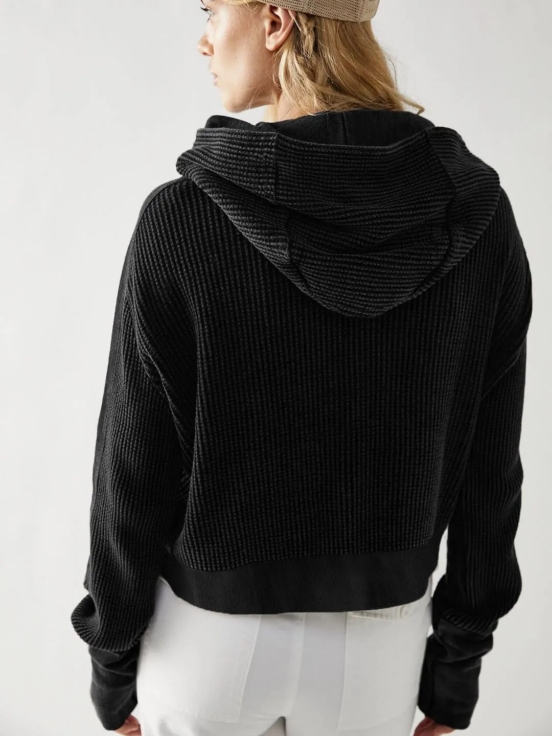 Plustrong Womens Waffle Knit Jackets Zip Up Hoodie Jacket Long Sleeve Cropped Hoodie