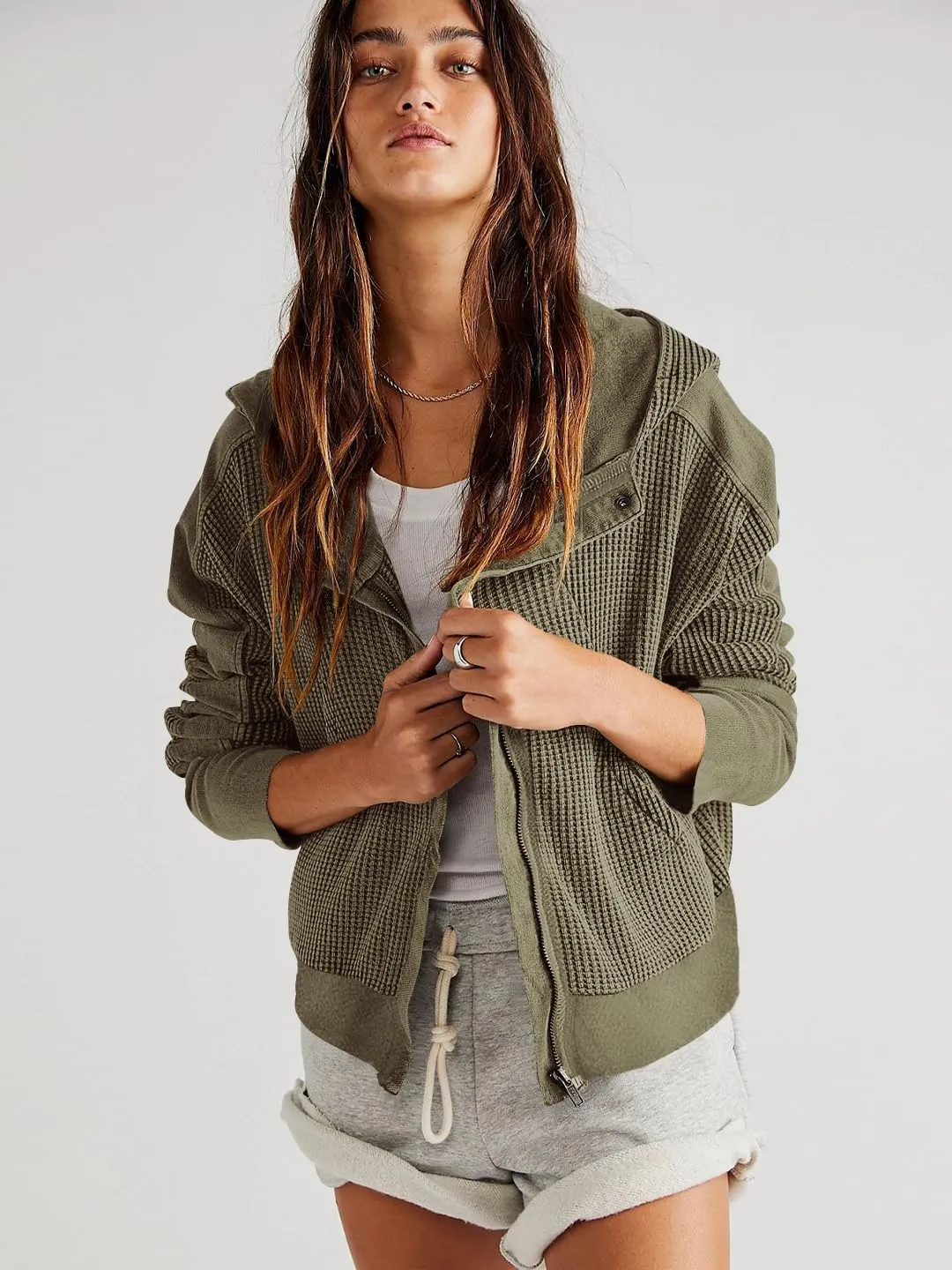 Plustrong Womens Waffle Knit Jackets Zip Up Hoodie Jacket Long Sleeve Cropped Hoodie