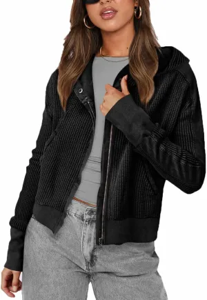 Plustrong Womens Waffle Knit Jackets Zip Up Hoodie Jacket Long Sleeve Cropped Hoodie