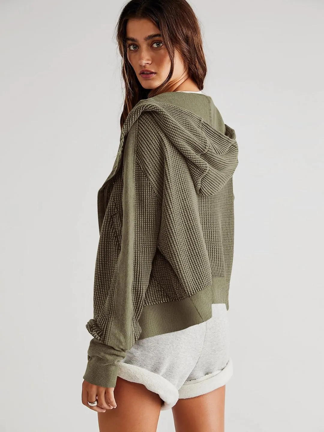 Plustrong Womens Waffle Knit Jackets Zip Up Hoodie Jacket Long Sleeve Cropped Hoodie