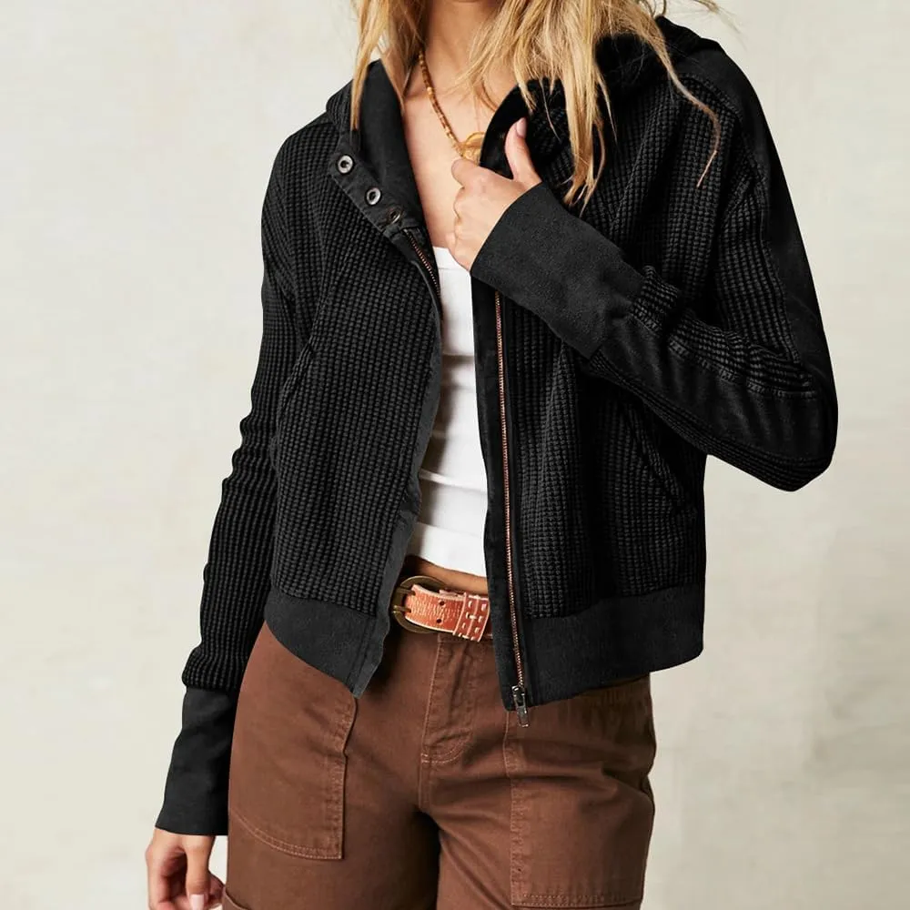 Plustrong Womens Waffle Knit Jackets Zip Up Hoodie Jacket Long Sleeve Cropped Hoodie