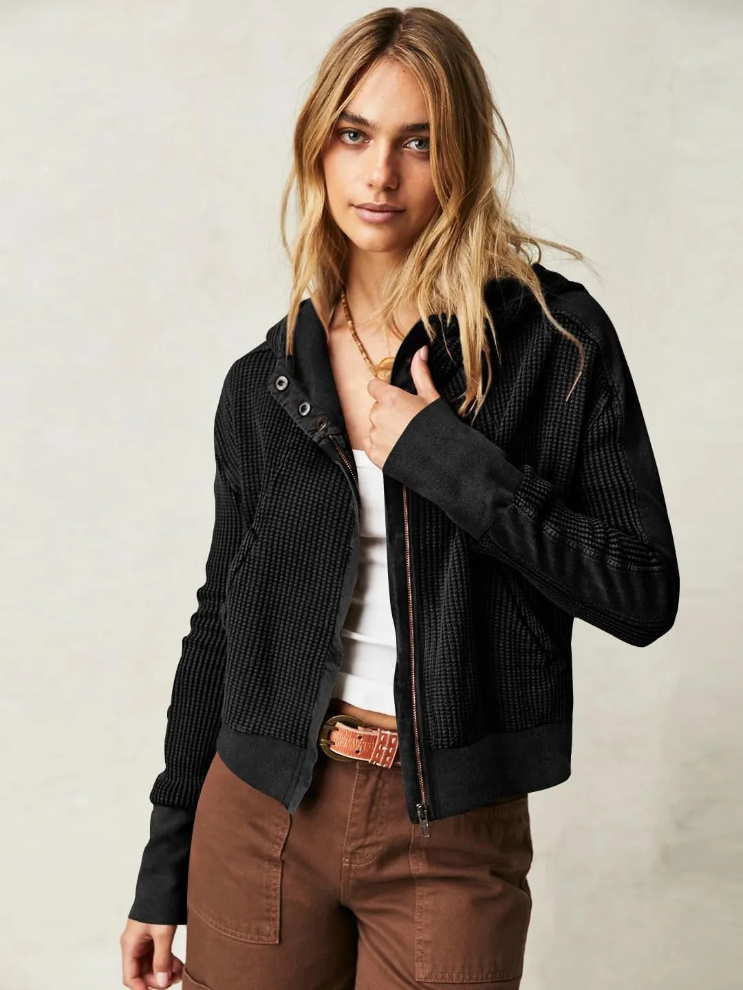 Plustrong Womens Waffle Knit Jackets Zip Up Hoodie Jacket Long Sleeve Cropped Hoodie