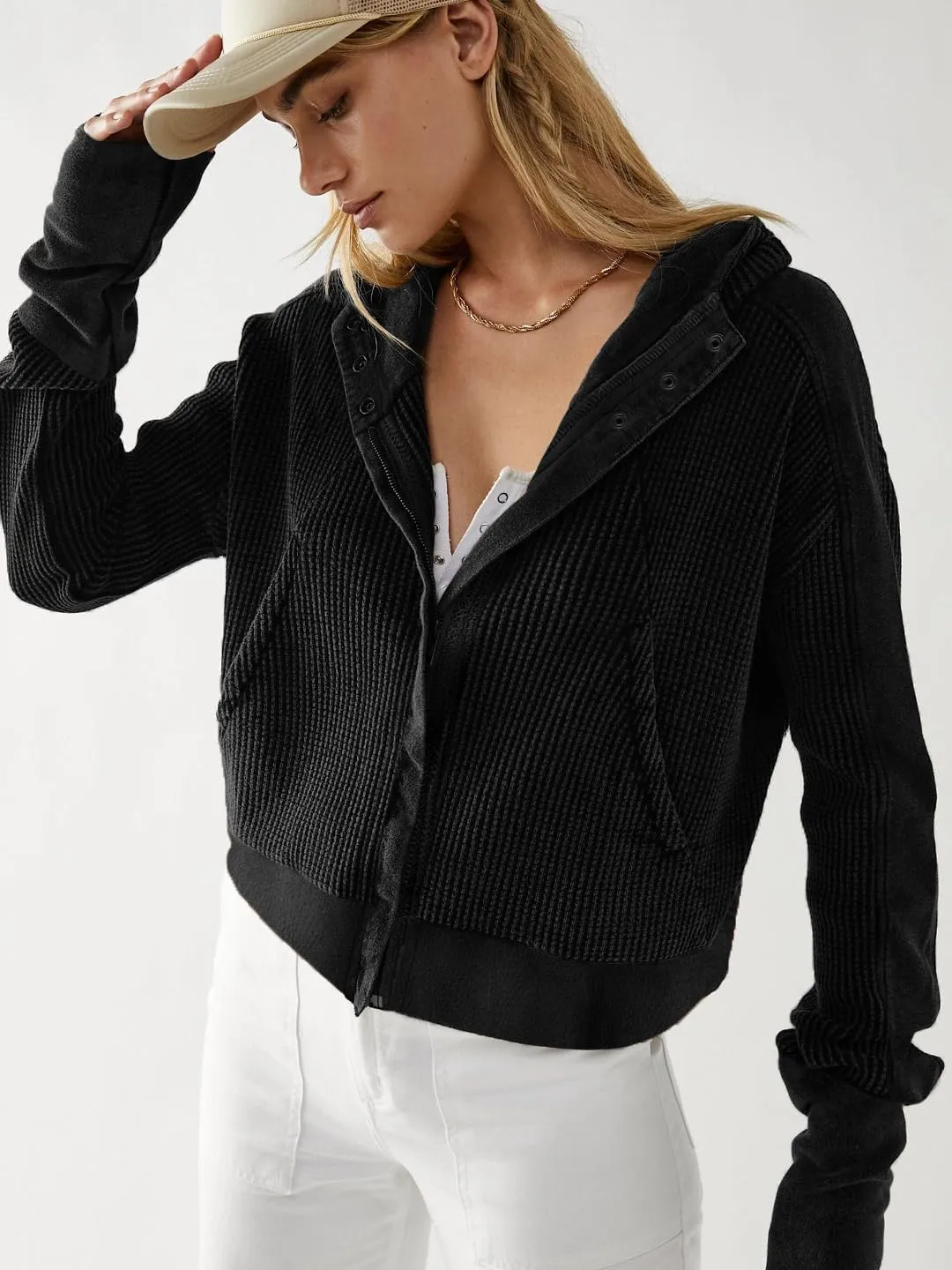 Plustrong Womens Waffle Knit Jackets Zip Up Hoodie Jacket Long Sleeve Cropped Hoodie