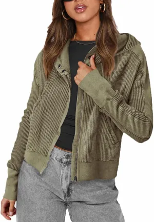 Plustrong Womens Waffle Knit Jackets Zip Up Hoodie Jacket Long Sleeve Cropped Hoodie