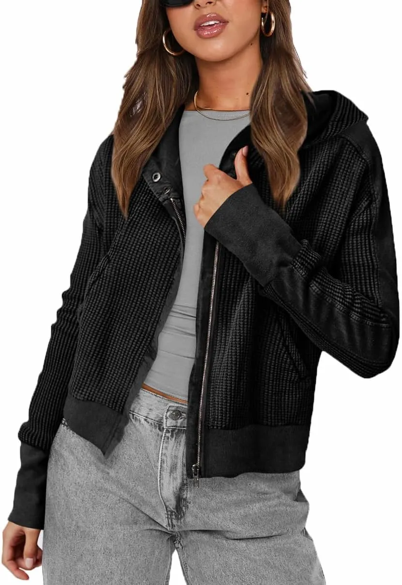 Plustrong Womens Waffle Knit Jackets Zip Up Hoodie Jacket Long Sleeve Cropped Hoodie