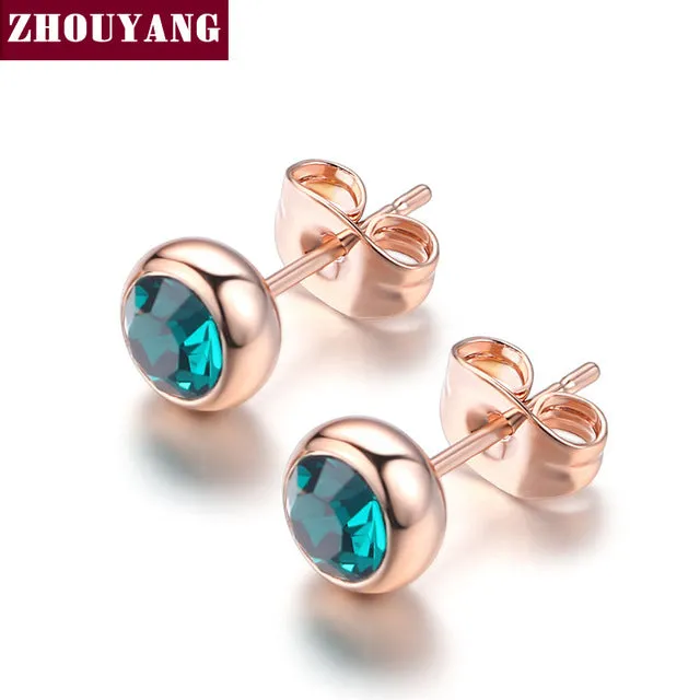 Simple Green Crystal OL Style Rose Gold Color Stud Earrings Colorful Gift For Women and Men Wholesale Top Quality ZYE633