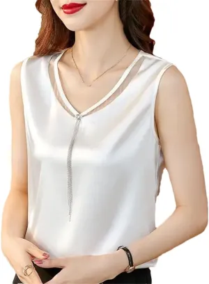 Solid Color Lace Satin V-Neck Vest Women's Summer Loose Diamonds Tops Sleeveless All-Match Camisole