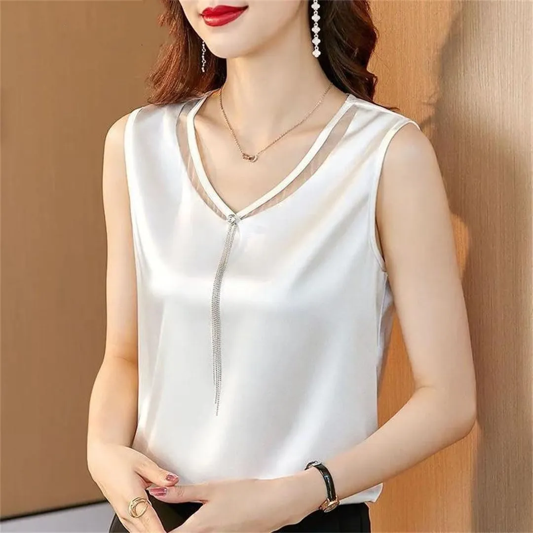 Solid Color Lace Satin V-Neck Vest Women's Summer Loose Diamonds Tops Sleeveless All-Match Camisole