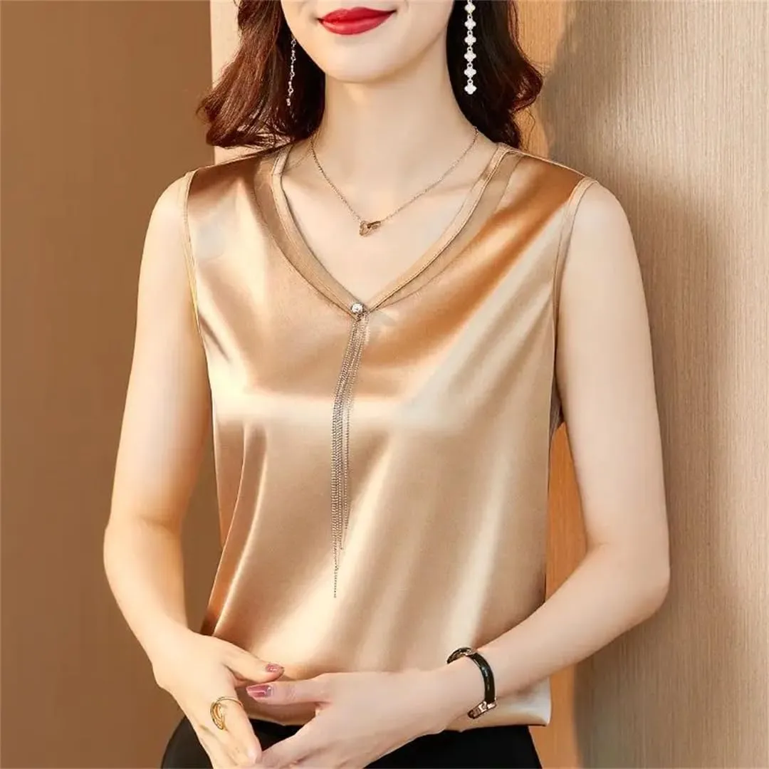 Solid Color Lace Satin V-Neck Vest Women's Summer Loose Diamonds Tops Sleeveless All-Match Camisole