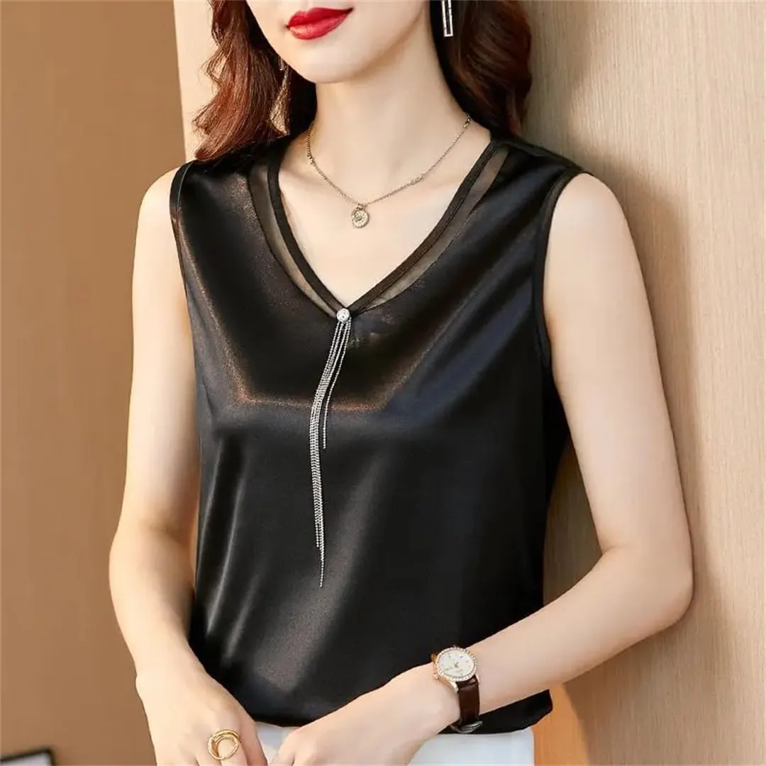 Solid Color Lace Satin V-Neck Vest Women's Summer Loose Diamonds Tops Sleeveless All-Match Camisole