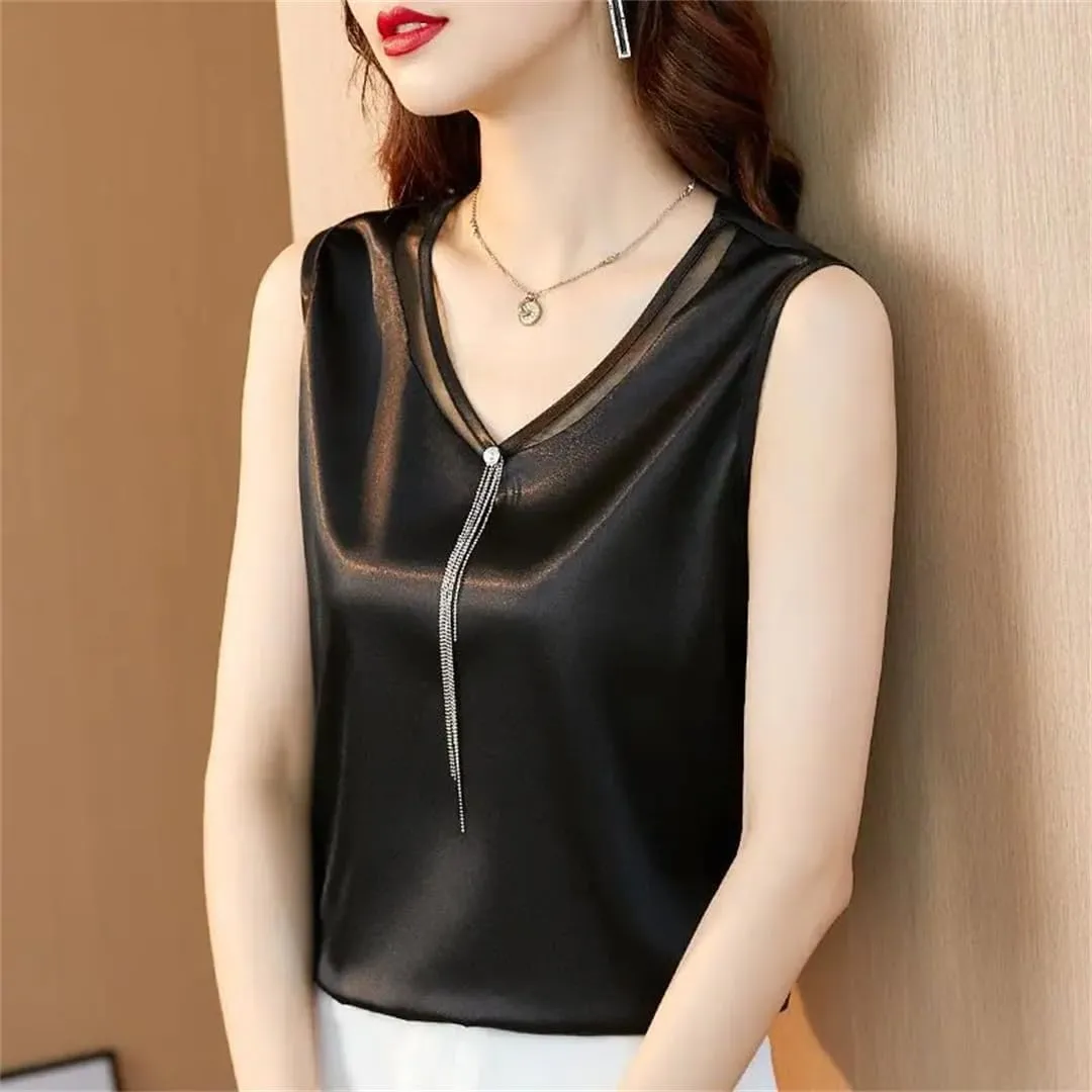 Solid Color Lace Satin V-Neck Vest Women's Summer Loose Diamonds Tops Sleeveless All-Match Camisole