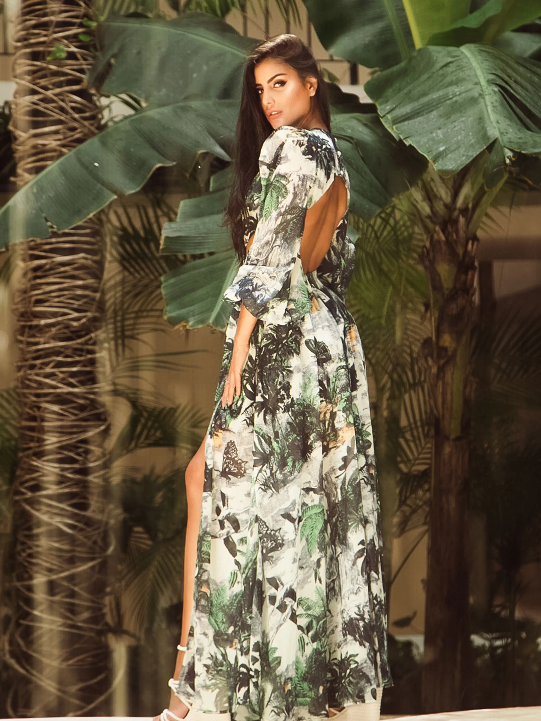 Tropic Babe Palm Print Long Sleeves Summer Occasion Maxi Dress