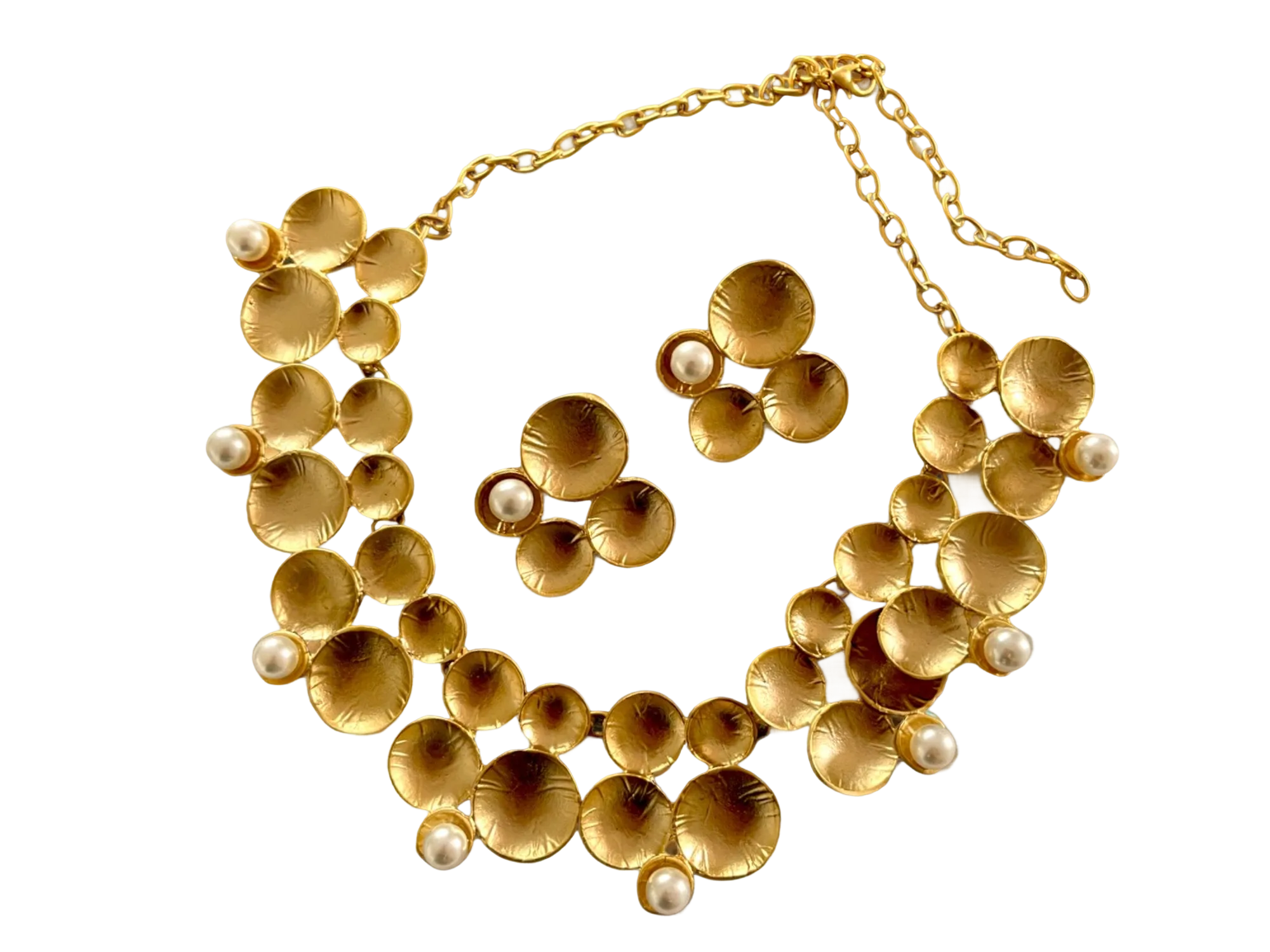 Unique Handmade Gold Necklace Earrings Chunky Pearl Jewelry Set
