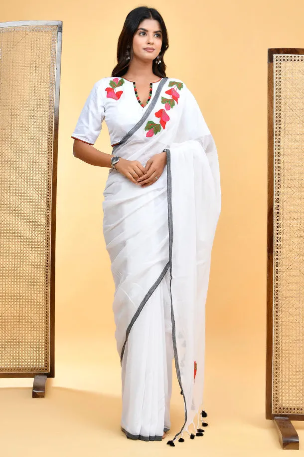 White Cotton Blouse with Red Floral Embroidery