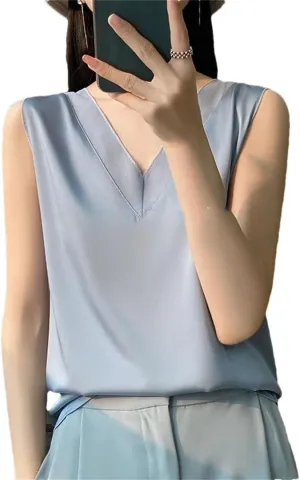 Women Fashion Solid Silk Camisole Summer Casual Loose V-Neck Sleeveless Tank Top All-Match Top Tees